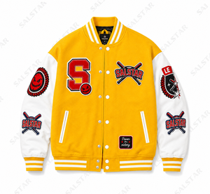 แจ็คเก็ตเบสบอลแบบ Varsity สีเหลืองขาวสั่งทำพิเศษ พรีเมียม ทำจากผ้าขนสัตว์ พร้อมป้ายปัก  ผู้ผลิตแบบ OEM/ODM - Product Image 3