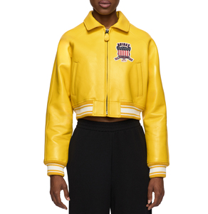 Chaqueta Varsity de Cuero PU Amarillo de Primera Calidad, Color Personalizado, Parche Bordado, Cuello en V, Cierre de Cinturón, Estilo Hip Hop - Product Image 1