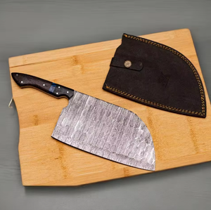 Couteau à viande LEGACY BLADES en acier Damas avec manche en bois et étui en cuir, lame forgée de style japonais, ambidextre - Product Image 1