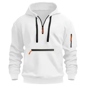 Men's <b>White</b> Hooded <b>Quarter</b> <b>Zip</b> Fleece Lined Front Logo Sweatshirt Regular Fit Solid Color Casual Knitted Pocket Design Winter - Product Image 1