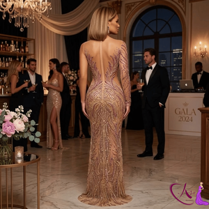 Robe de soirée longue en sequins illusion nude de luxe, ornée de perles à la main, pour femmes |   Robe asymétrique à manches longues, col en V profond et fente haute - Product Image 2