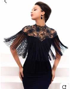 Black Elegant Women's Party Wear <b>Fringe</b> <b>Dress</b> with Floral Lace Neck Design Women's Gold Beaded <b>Fringe</b> Capelet with High Neck for - Product Image 6