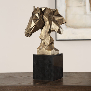 Sculpture de tête de cheval géométrique moderne haut de gamme avec base, figurine animale dorée, décoration de table de ferme pour salon, art décoratif - Product Image 2