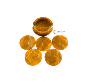 Sous-verres circulaires en AGATE JAUNE naturelle, lot de six, tranches de pierres précieuses polies, imperméables, décoration d'intérieur, AMAYRA CRYSTALS EXPORTS - Product Image 1