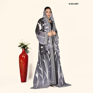 Chiffon Leaf Printed Open Front Abaya Style <b>Shrug</b> with Hood Border Panel Modest Wear Full Length Elegant Flow Silhouette - Product Image 1