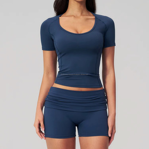 Women's 2 Piece Yoga Set Solid Color Mid Waist Crop <b>Top</b> Racerback Shorts Activewear OEM Service <b>Sweat</b>-Wicking Print Front - Product Image 3