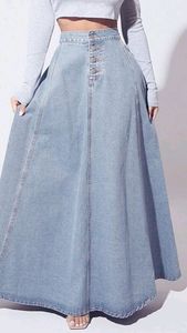 Jupe longue en jean taille haute pour femme, coupe trapèze, couleur unie, boutonnée sur le devant, coupe ample, style décontracté délavé, idéale pour le printemps - Product Image 5