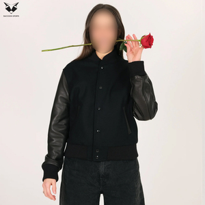 Nouvelle Arrivée 2026 – Service OEM/ODM – Blousons universitaires noirs pour femmes à col montant et manches longues avec manches en cuir véritable - Product Image 3