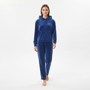 Ensemble sweat à capuche et pantalon de jogging en velours bleu pour femme, coupe décontractée, longueur intégrale, couleur unie, taille à cordon, poches, tenue d'hiver - Product Image 3