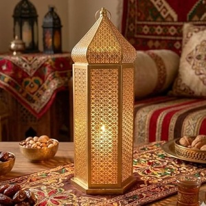 Hexagon <b>Brass</b> <b>Lantern</b> Set With Warm LED Flame Glass Panels Durable Home Decoration Christmas Use - Product Image 3