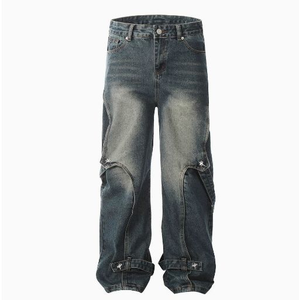 Pantalones Vaqueros Anchos de Cintura Alta para Hombre TITAN TREAD WEAR, Ecológicos, Casuales, Otoñales, Lavados a la Piedra, Desgastados, con Botones y Dobladillo Deshilachado - Product Image 5