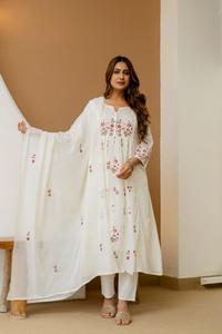 <b>Women's</b> <b>White</b> Embroidered Cotton Knee-Length Salwar <b>Suit</b> Dupatta Traditional Regular Fit Casual Wear Quick Dry India Pakistan - Product Image 4