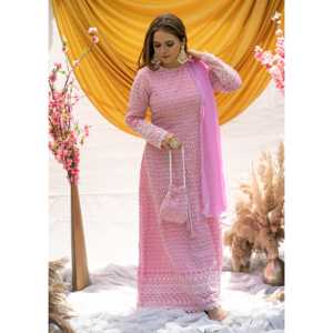 Ensemble de costume en mousseline de soie Chikankari rose pétale taille XS - Product Image 4