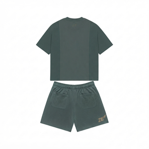 Conjunto de Camiseta y Pantalones Cortos Deportivos de Punto Premium de 280 GSM, Transpirables, con Paneles en Contraste Verde y Negro, Logotipo Personalizado, para Hombre, Verano - Product Image 2