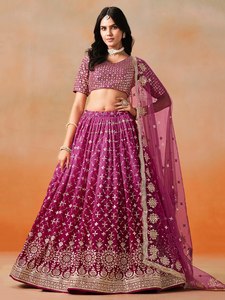 Purple Embroidered Organza <b>Lehenga</b> Set Crop Top Dupatta A-Line Floor-Length Bridesmaid Dress V-neck Backless Natural Waistline - Product Image 1