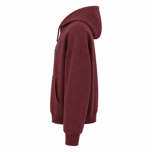 Premium Custom <b>Burgundy</b> Acid Wash Rhinestone <b>Hoodie</b> <b>Men</b> Regular Fit Pullover Cotton Fleece Streetwear Pocket Anti-Wrinkle Winter - Product Image 4