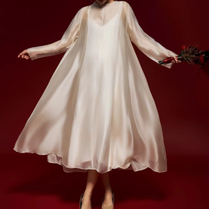 Summer OEM Service Buttons Side Slit Breathable Casual Loose Waist Minimalist Regular Sleeve Silk Crew Neck Voile Midi Dresses - Product Image 1