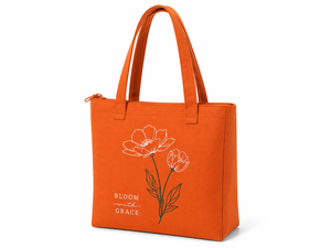 กระเป๋าผ้าแคนวาสสีส้มพิมพ์ลายดอกไม้พร้อมซิปปิด กระเป๋าช้อปปิ้ง - Product Image 1