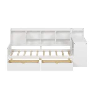 Diván en forma de L de madera blanca con siete armarios de almacenamiento y dos cajones, cama multifuncional y Escritorio de estudio con estantería integrada - Product Image 5