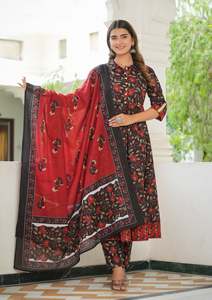 Ensemble Anarkali Kurta imprimé floral avec pantalon et dupatta, collection Kurti court, noir et bordeaux, pour femme, longueur genou, été, 100% coton - Product Image 5