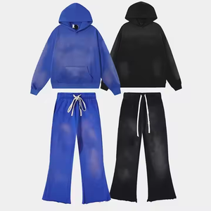 Factory Wholesale Custom Logo Heavyweight 100% <b>Polyester</b> French Terry Vintage Solid <b>Hoodie</b> and Flared Pants Men's Sweatsuit - Product Image 1