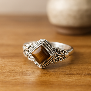Natural Brown <b>Tiger</b> <b>Eye</b> Square Gemstone <b>Ring</b> 925 Sterling Silver Rose Gold Yellow Gold Plated Handmade Ornate Filigree Boho - Product Image 5