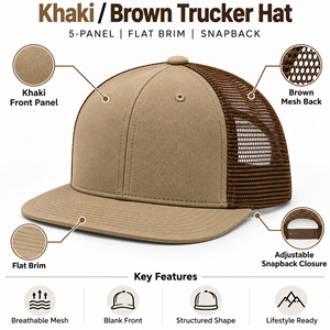 Casquette Trucker Snapback Marron Kaki en Maille à Visière Plate, Style Workwear Tendance, avec Patch Personnalisé, Fabricant OEM, Vente en Gros de Casquettes - Product Image 6