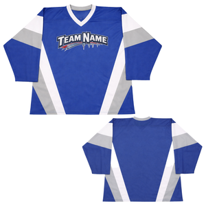 Jersey de Hockey sobre Hielo Sublimado Personalizado en Azul, Blanco y Gris, Uniforme Profesional de Hockey con Nombre del Equipo, Transpirable, de Manga Corta para Hombre - Product Image 3