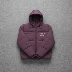 <b>Men's</b> Purple Hooded Puffer <b>Jacket</b> With Custom Logo Windproof Winter Coat Casual Thick Polyester Filling Zipper Front Embroidery - Product Image 3