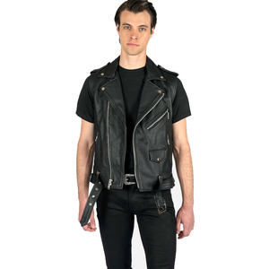 Men's Black Leather-Style Moto Vest With Zipper Closure And Pockets Regular Length Outer Wear Men's summer outerwear Solid color - Product Image 6