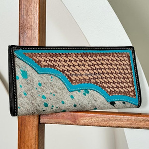 Pochette en cuir occidental usiné à la main sculpture coque de téléphone élégant couleur Turquoise portefeuille en cuir de fourrure de vachette pour plusieurs utilisations - Product Image 2