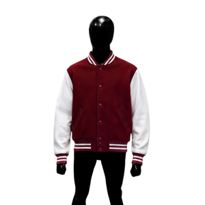Chaqueta Varsity para Hombre de Calidad al por Mayor, Color Granate y Blanco, Cuello Vuelto Casual, Cierre de Botón Sencillo, Corte Regular, Poliéster y Algodón - Product Image 1