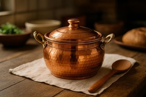 Casserole en cuivre artisanale, finition martelée, forme ronde, ustensile de cuisine en métal durable avec couvercle, design classique - Product Image 5