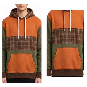 NEXTEX Sweat à capuche unisexe patchwork orange, olive, marron, à carreaux, avec bande et blocs de couleur, en molleton de coton doux - Product Image 6