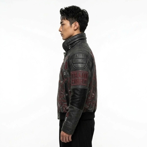 Blouson en cuir brodé à motif géométrique, col montant, fermeture éclair, style motard, pour l'automne - Product Image 4