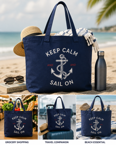 Sac fourre-tout en toile marine Keep Calm And Sail On, 40x37x13cm, sac de shopping style preppy - Product Image 3