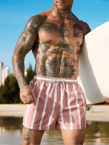 Shorts de verano para hombre, a rayas, con cordón en la cintura, shorts de playa de secado rápido, bañador con estampado rosa y blanco, hecho en Pakistán. - Product Image 4