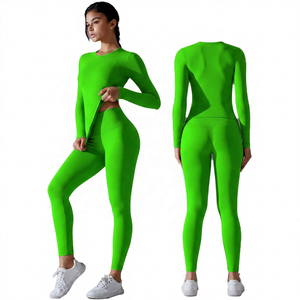 2 Piece Solid Black Long Sleeve Crew Neck <b>Crop</b> <b>Top</b> & High Waist Full Length Leggings Yoga Set - Product Image 6