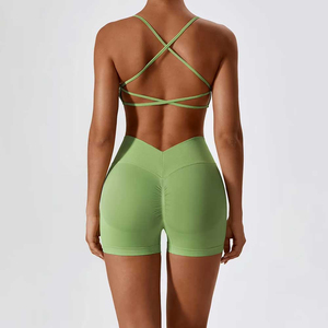 Women Yoga <b>Set</b> <b>Green</b> Seamless Racerback Crop Top High Waist Shorts 2 Piece Workout Sportswear Front Logo Spandex/Nylon - Product Image 5