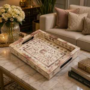 High Quality Wood <b>Tray</b> Classic Design Handcrafted Natural Bone Inlay MDF Food Inspired India for Serving Home Restaurants Hotels - Product Image 4
