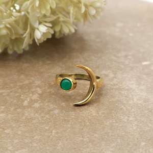 Celestial Green Onyx Crescent Moon <b>Ring</b> 14K Gold Plated Sterling <b>Silver</b> Brass Adjustable Unisex Bezel <b>Set</b> Boho Hippie Daily Wear - Product Image 1