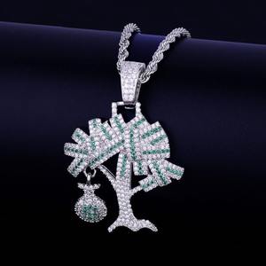 Collier chaîne à maillons en corde avec pendentif Arbre à Monnaie en Moissanite plaqué or 18 carats, style Hip Hop Iced Out, pour homme - Product Image 1
