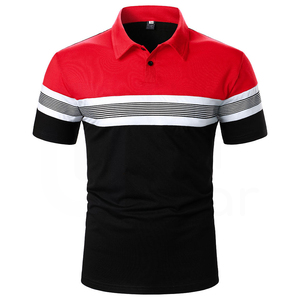 Polo de Manga Corta a Rayas para Hombre, Diseño Casual con Bloques de Color Negro y Rojo, Largo Regular - Product Image 3