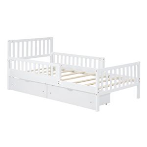 Letto a piattaforma in legno bianco per bambini, misura twin, con sponde su entrambi i lati e due cassetti contenitore - Product Image 4