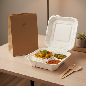 กล่องกระดาษอ้อยรักษ์โลก ขนาด 8x8 นิ้ว แบบ 3 ช่อง |   ภาชนะบรรจุอาหารแบบใช้แล้วทิ้งจากเยื่ออ้อยสำหรับงานจัดเลี้ยง - Product Image 3