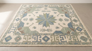 Tapis Oushak Bleu Sauge Ivoire, Motif Géométrique Étoile et Médaillon, Bordure Tribal Meander, 100% Laine de Nouvelle-Zélande, Antidérapant, Lavable - Product Image 1