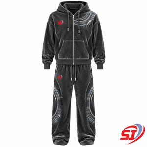 Ensemble de survêtement personnalisé en velours 280 GSM avec strass, sweat à capuche et pantalon en velours, couleur graphite Halo Motion, sweat à capuche et pantalon personnalisés - Product Image 1