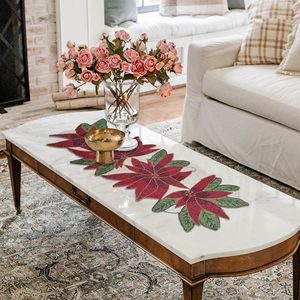 Embroidered Floral <b>Table</b> <b>Runner</b> Red Green Leaves Modern Home Decor Washable Polyester - Product Image 3