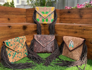 Handmade Carved Leather Western Style Large Fringe Sling <b>Bags</b> Women Green Tooled Leather High Quality <b>Designer</b> Handbags Purse - Product Image 4