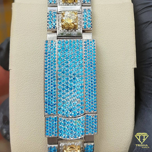 Sang trọng Iced ra bầu trời xanh Xem quay số thời gian kép, hiển thị ngày, moissanite kim cương, dây đeo đá quý hai tông màu, phong cách hip hop - Product Image 4